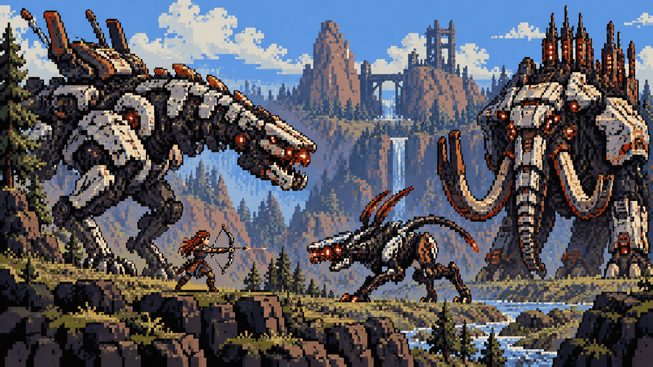Thunderjaw, Ravager e Tremortusk enfrentando uma caçadora em pixel art