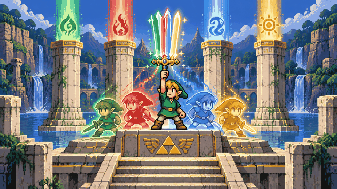 A Four Sword surge completa no pedestal com quatro Links ao redor em pixel art