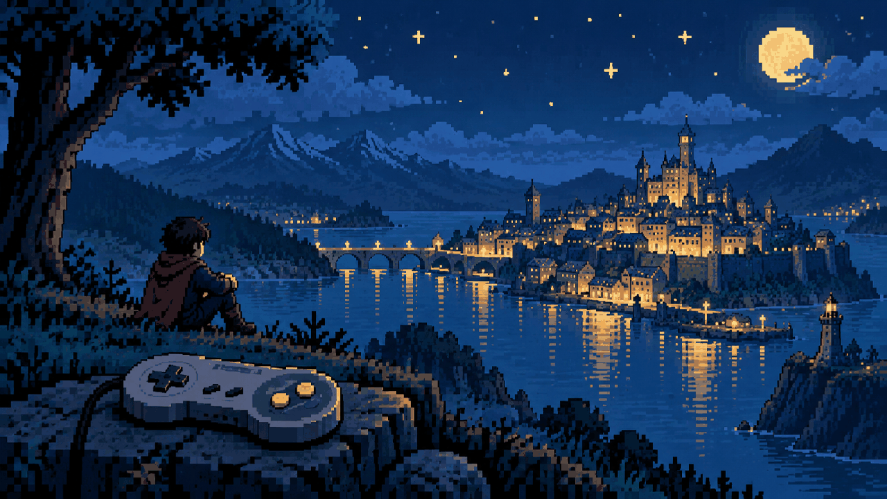 Jogador diante de uma cidade virtual iluminada à noite com controle na mão em pixel art
