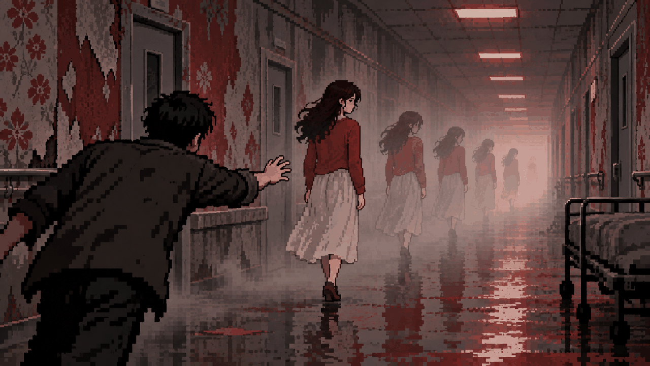 Sombras repetidas de Maria em corredor de Silent Hill 2 em pixel art