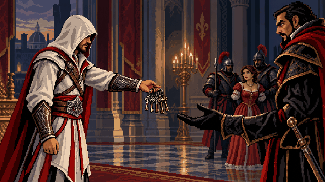 Ezio escolhendo a vida de Sofia em vez das cinco chaves