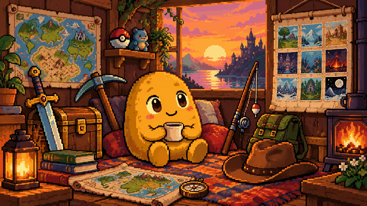 Batata em uma pequena casa cercada por espada, picareta, mapa, Pokébola e chapéu de cowboy em pixel art