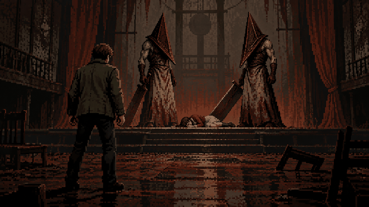 Dois Pyramid Heads em salão escuro de hotel em pixel art
