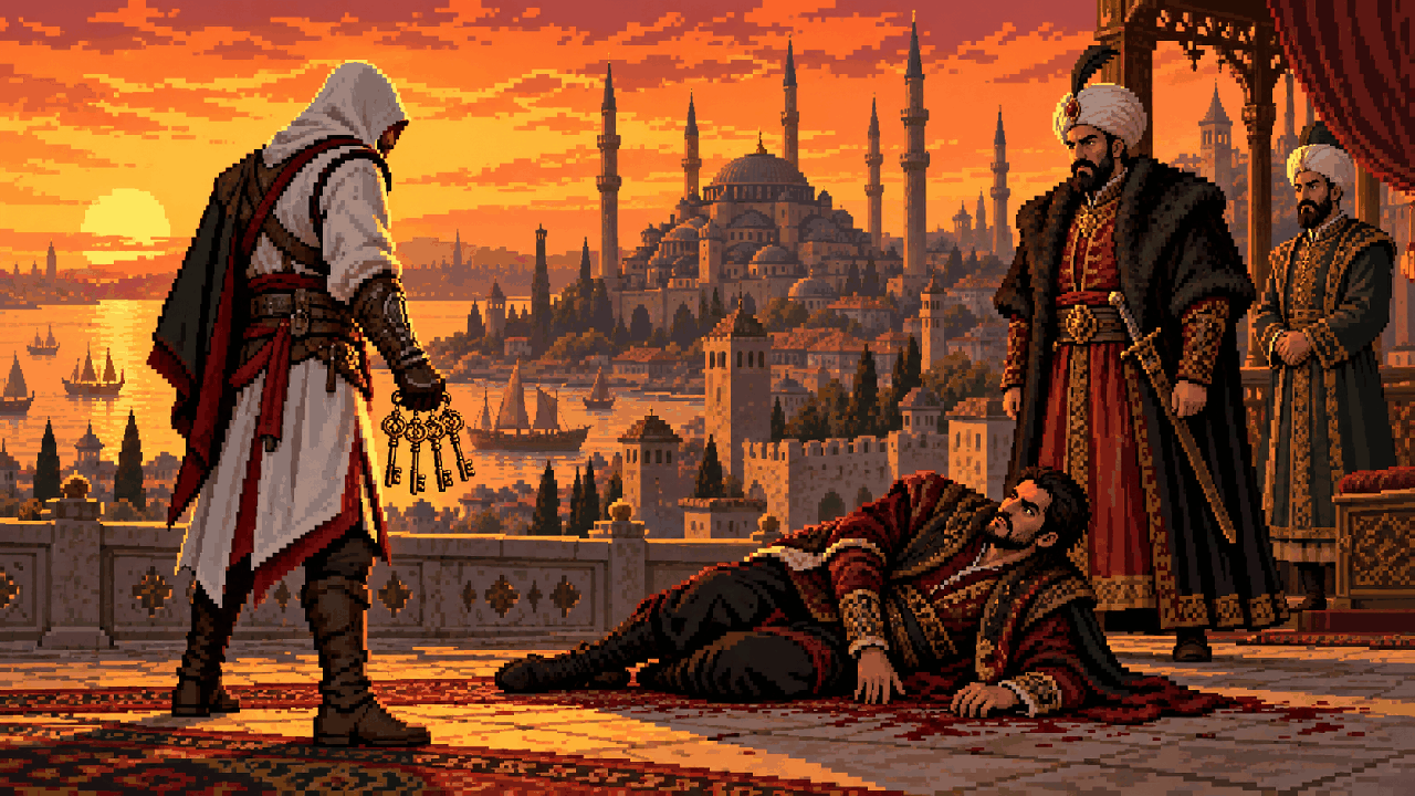 Ezio diante de Ahmet derrotado enquanto Selim chega ao local