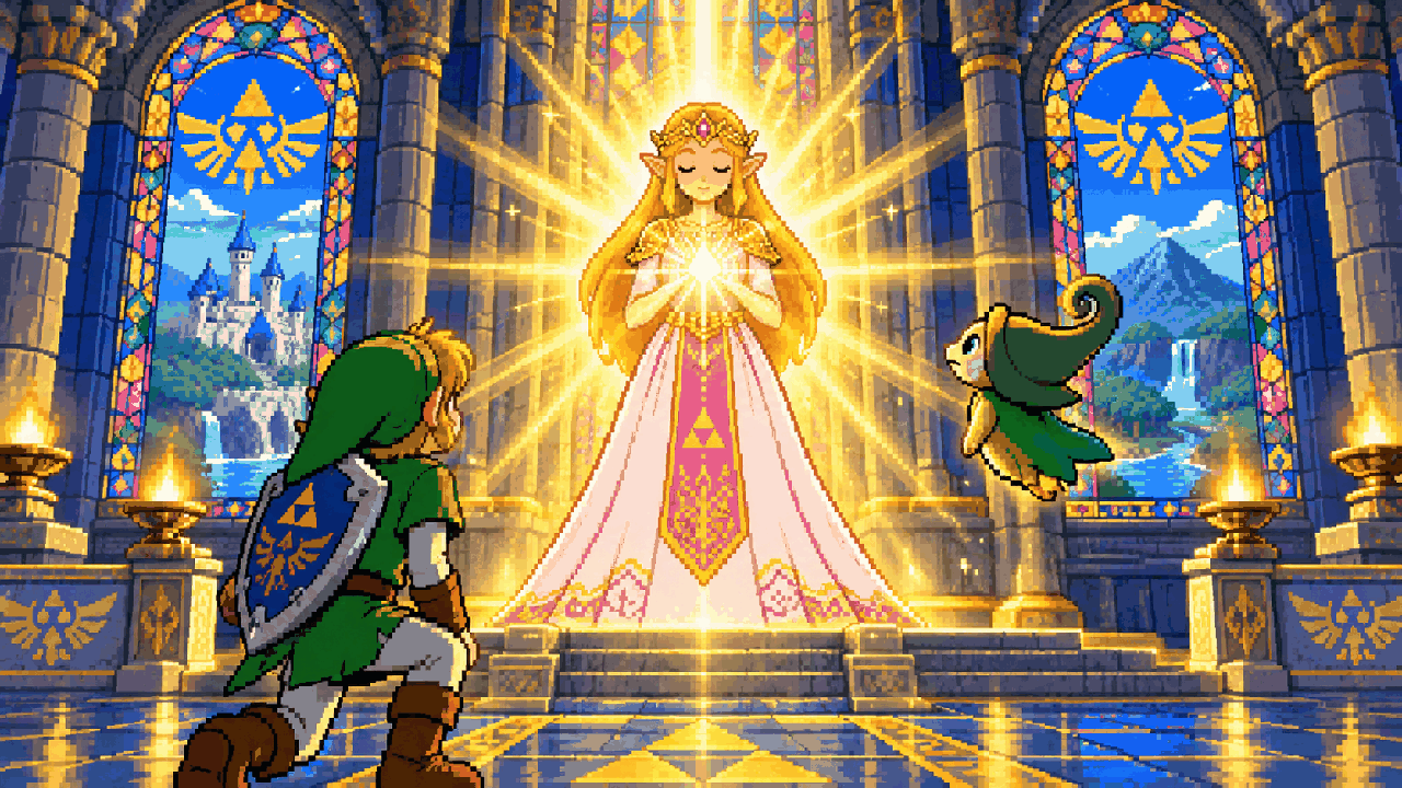 Zelda libera uma luz dourada da própria presença diante de Link em pixel art