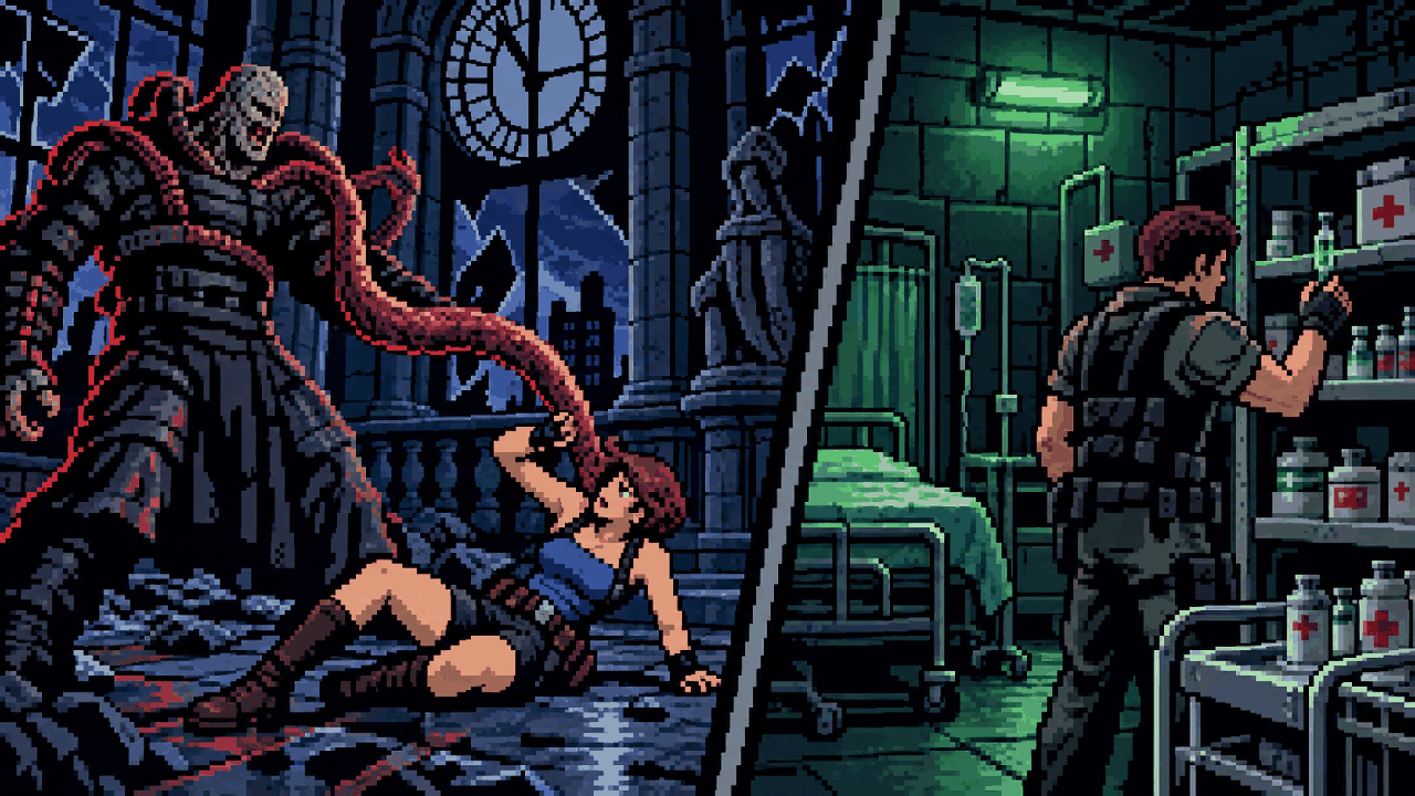 Nemesis infectando Jill e Carlos buscando vacina