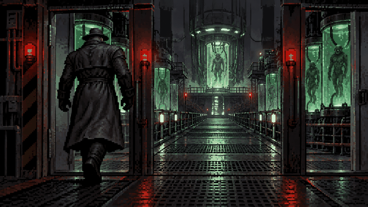 Mr. X entra no laboratório subterrâneo NEST em pixel art