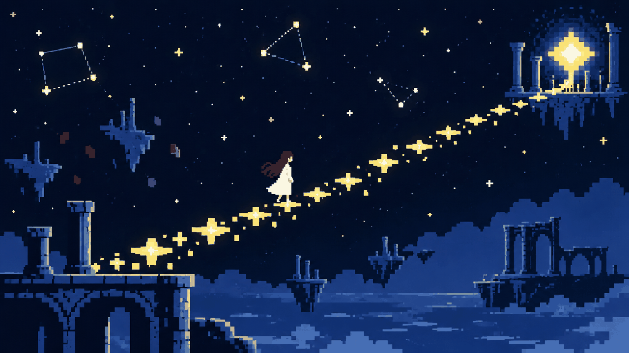 Ponte de estrelas levando personagem para cima