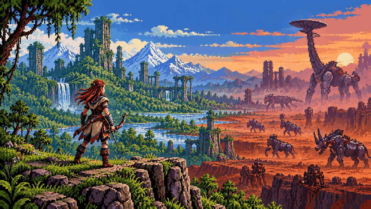 Aloy diante de uma Terra restaurada e de uma grande máquina em pixel art