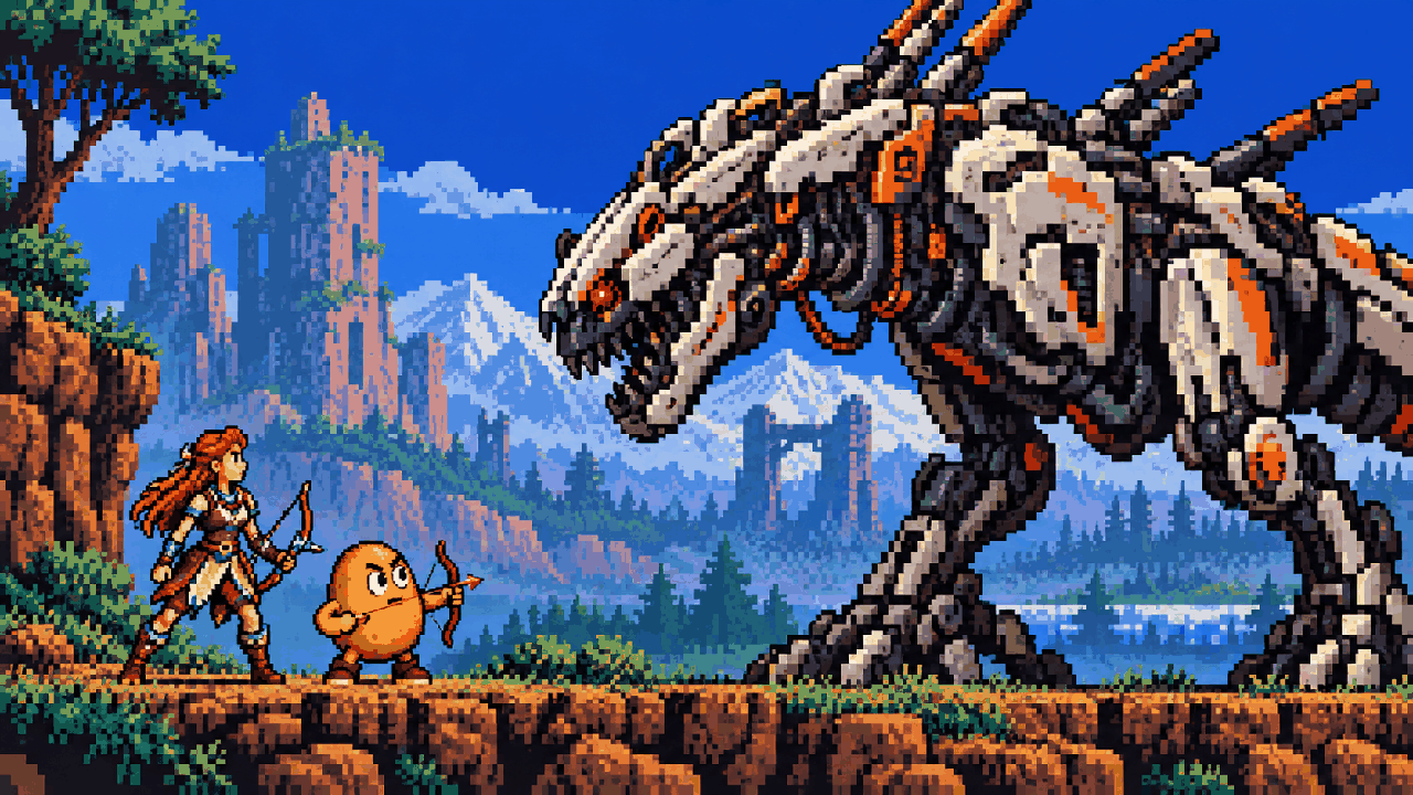 Batata com um arco olhando para um Thunderjaw gigante em pixel art