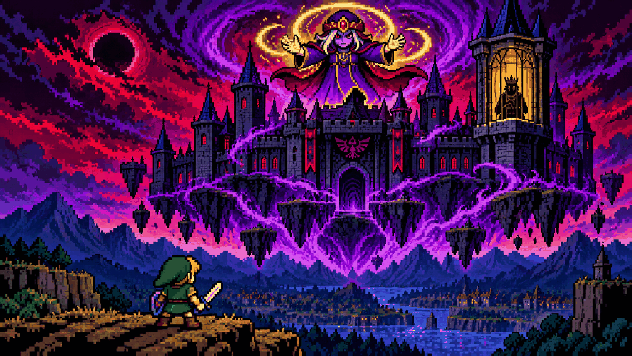 Dark Hyrule Castle tomado por energia sombria enquanto Link avança em pixel art