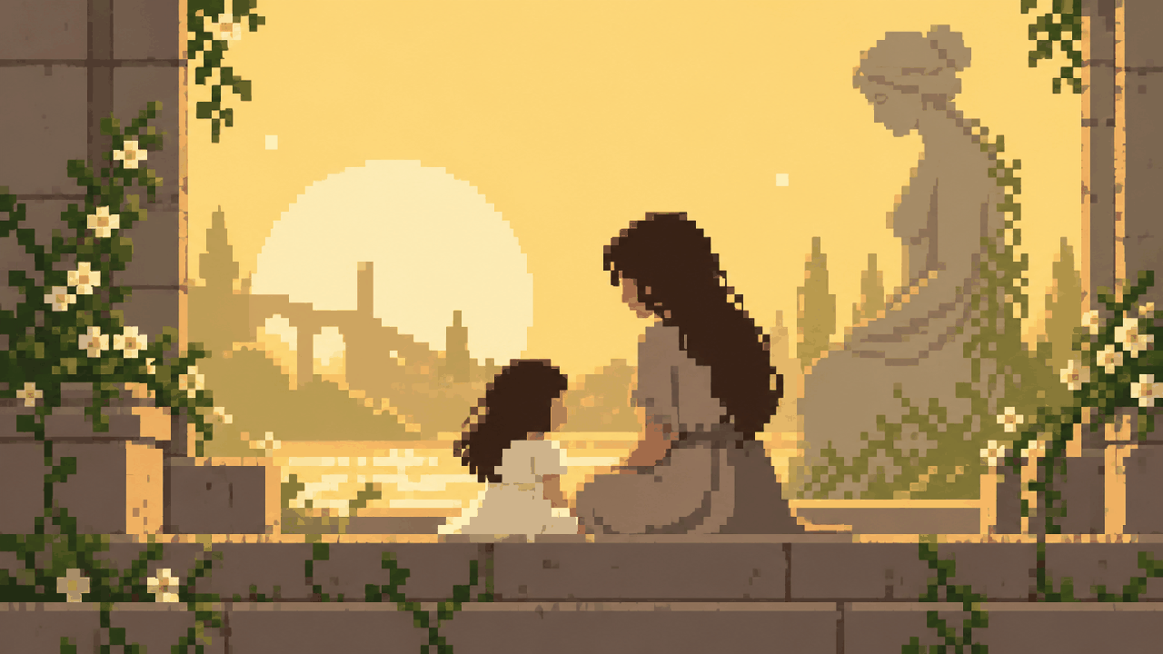 Cena de memoria com crianca e figura feminina ao por do sol