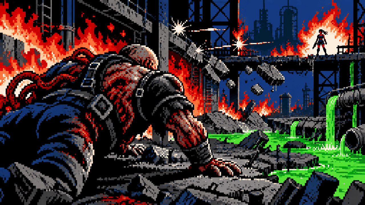 Nemesis deformado continuando a perseguir Jill em area industrial
