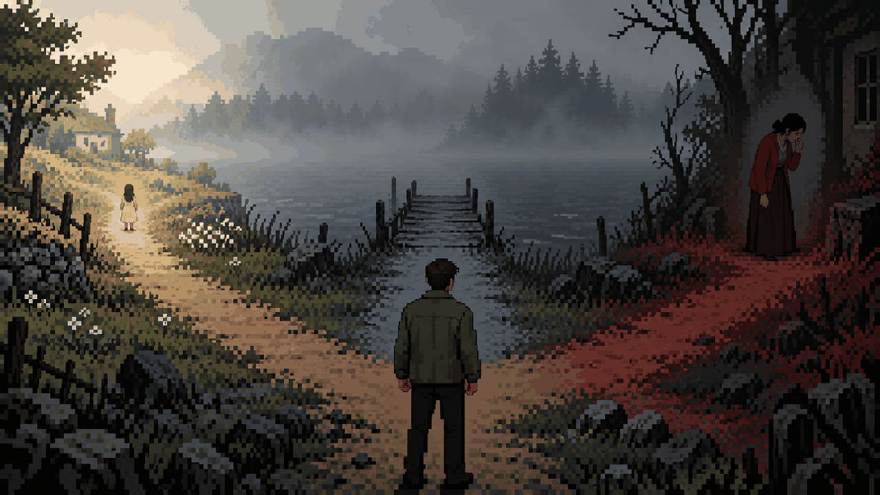Três caminhos finais de Silent Hill 2 em paisagem enevoada em pixel art