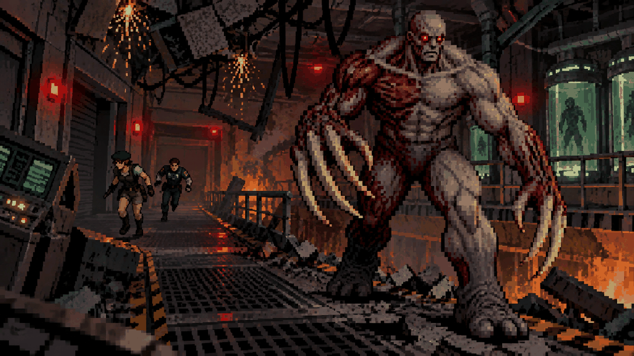 Super Tyrant transformado dentro de um laboratório em colapso em pixel art