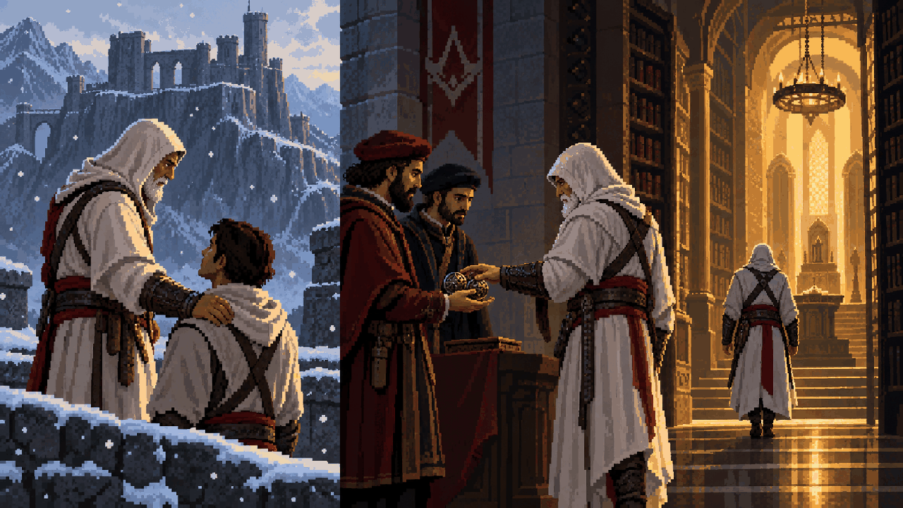 Altaïr entrando sozinho na biblioteca de Masyaf