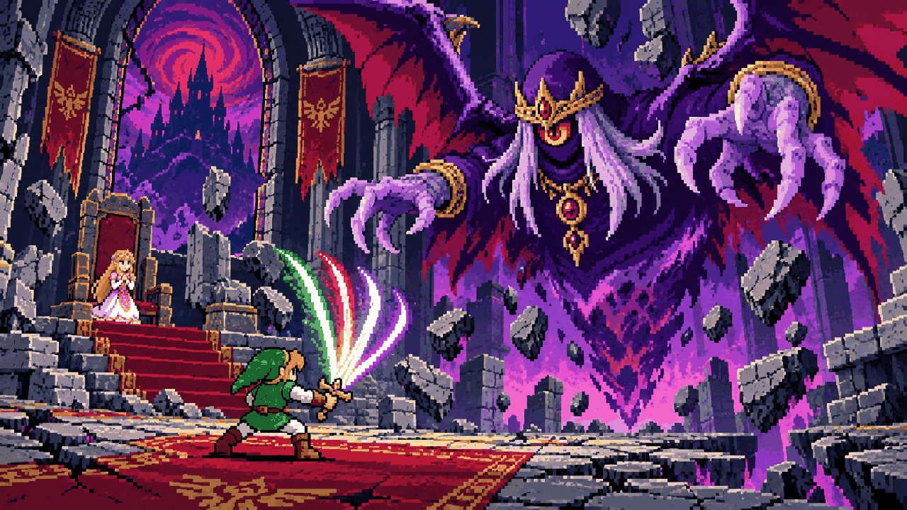Link enfrenta Vaati em sua forma monstruosa dentro do castelo em pixel art