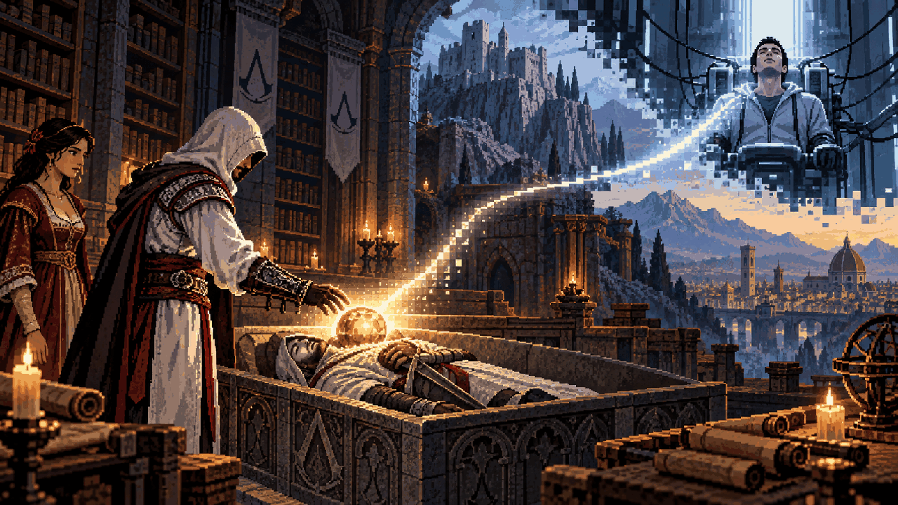 Ezio e Desmond conectados pela Maçã do Éden e pelo Animus