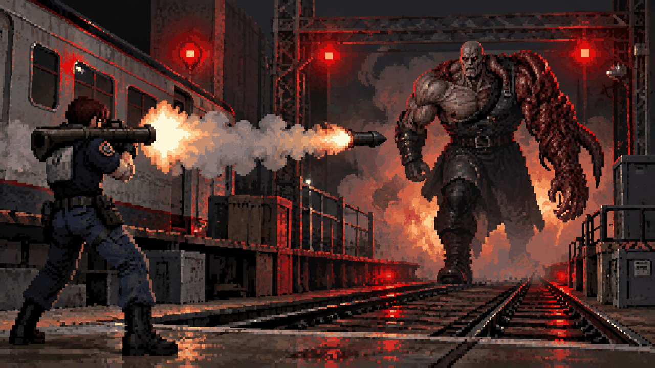 Herói dispara um lança-foguetes contra o Super Tyrant na fuga do laboratório em pixel art