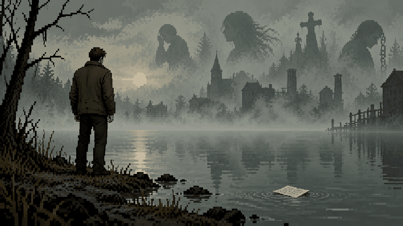 James olhando para o lago em Silent Hill 2 em pixel art