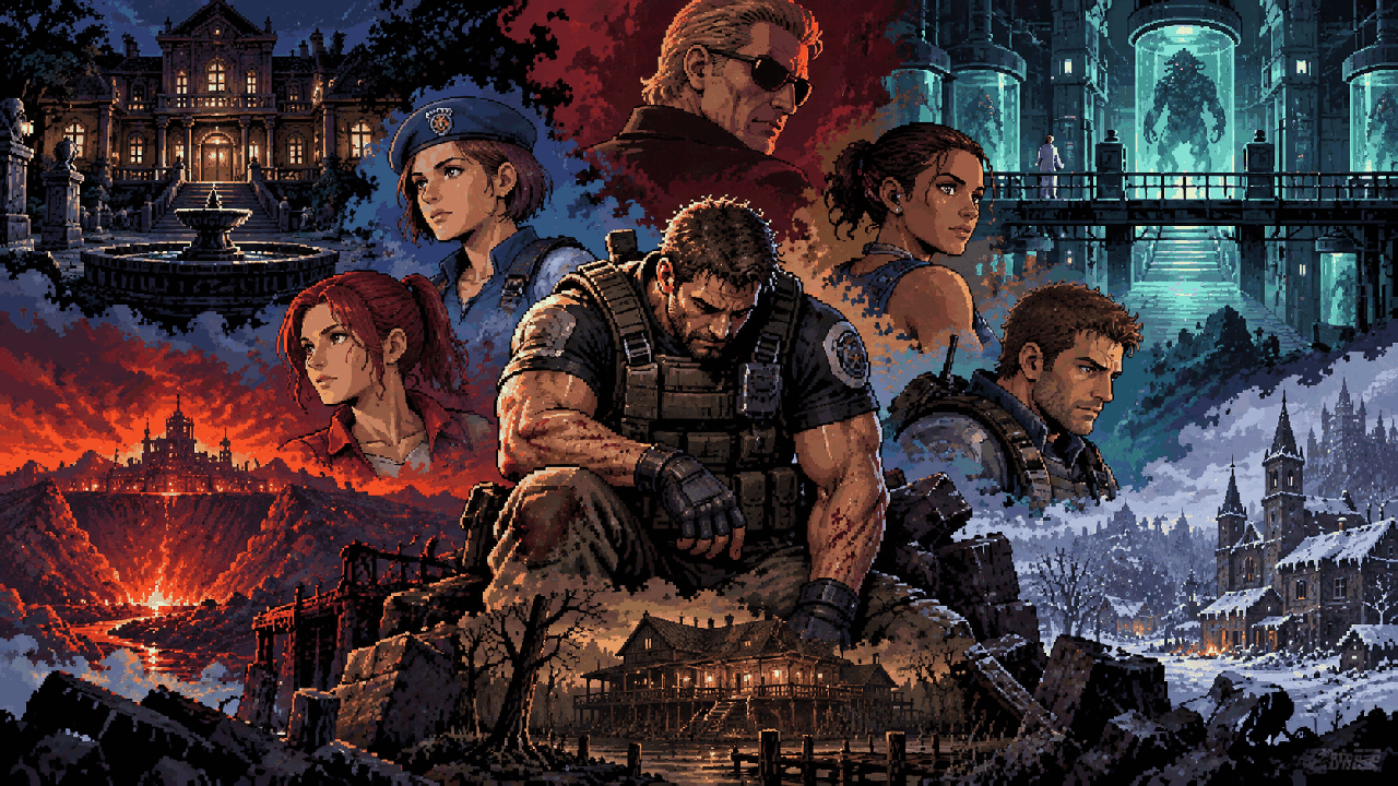 Montagem da vida de Chris Redfield entre mansões, laboratórios e guerras