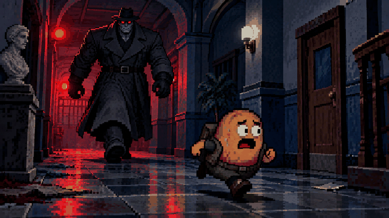 Batata corre por um corredor enquanto Mr. X se aproxima atrás dele em pixel art