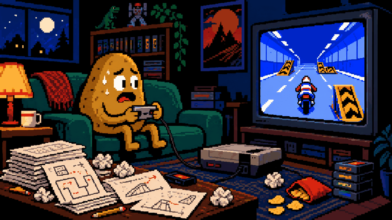 Mascote Batata jogando fase de moto em TV de tubo