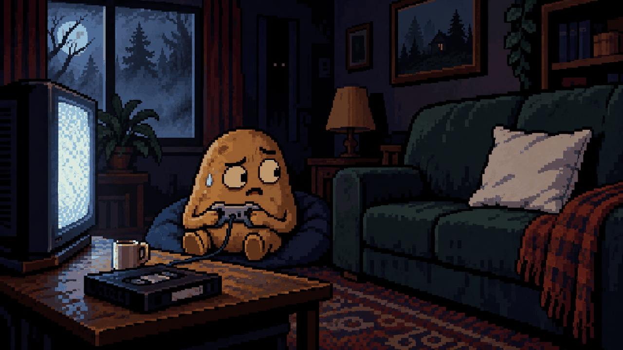 Batata gamer assustado olhando para uma fita VHS em pixel art