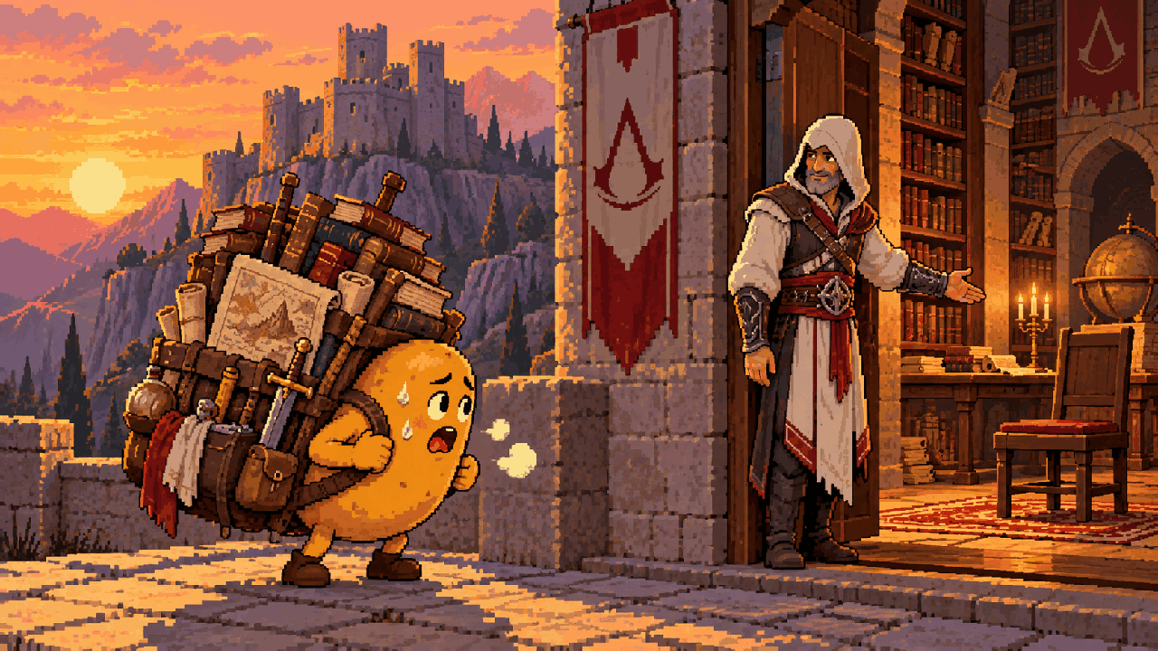 Batata chegando a Masyaf com uma mochila enorme enquanto Ezio sai da biblioteca