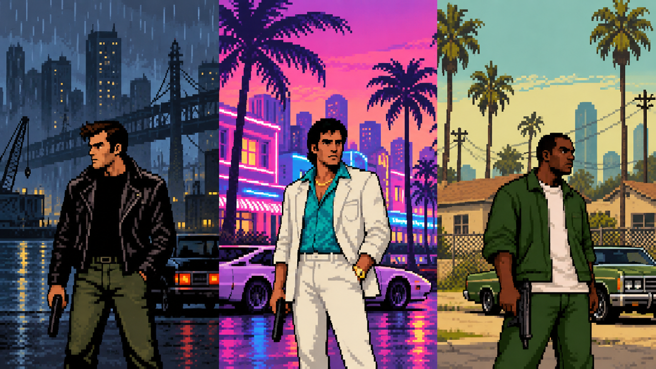 Claude Tommy Vercetti e CJ representam a evolução inicial de GTA