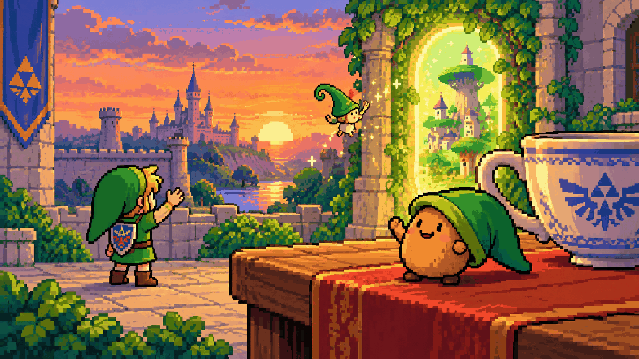 Ezlo retorna à forma original enquanto Link e Zelda se despedem, com Batata em pixel art