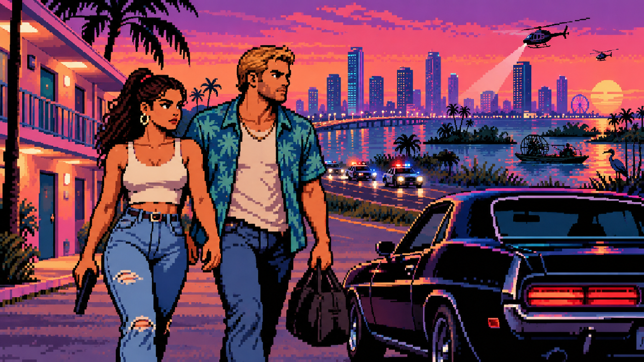 Jason e Lucia caminham juntos pela Vice City moderna