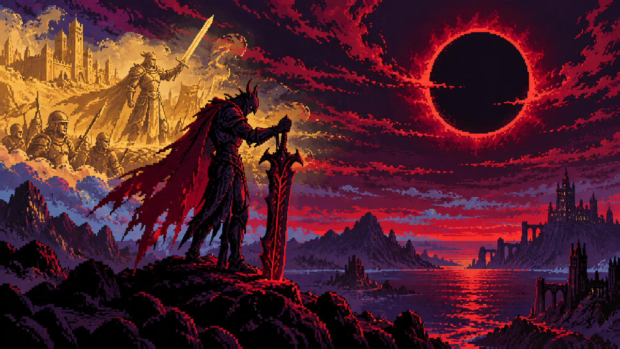 Aatrox diante do horizonte do mundo sob um eclipse em pixel art