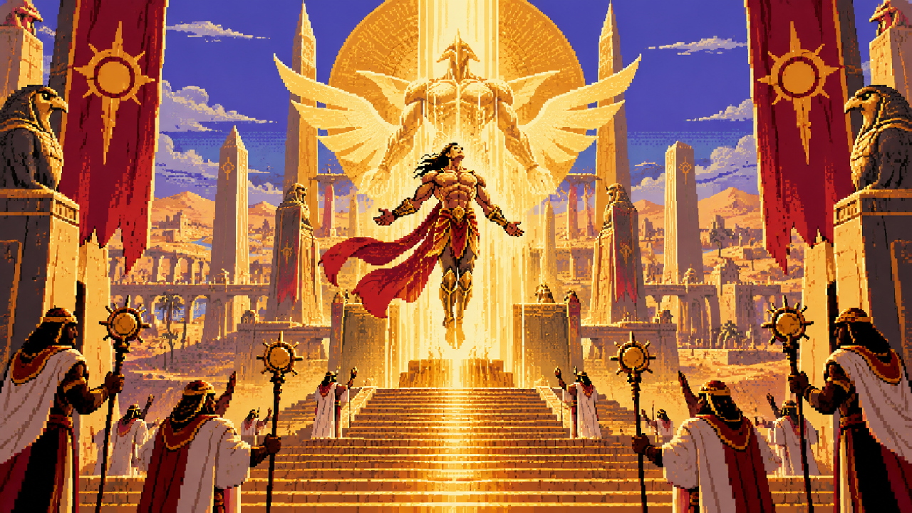 Aatrox recebendo a Ascensão diante do Disco Solar em pixel art