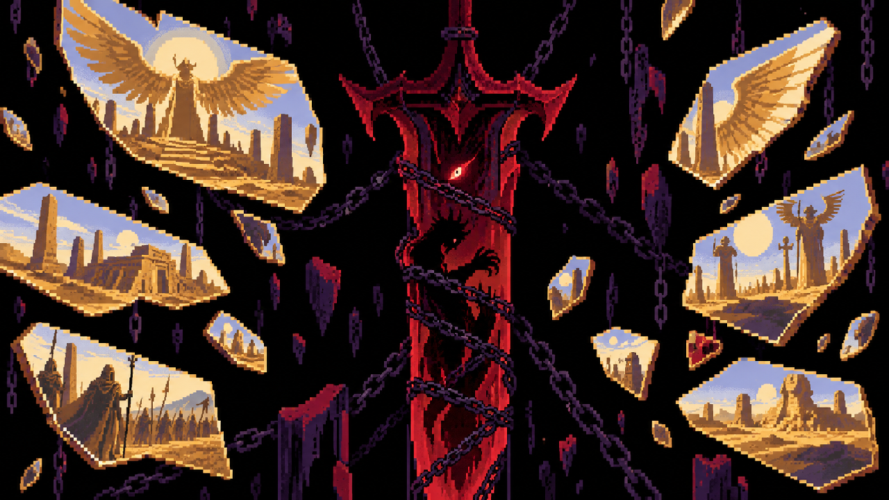 A consciência de Aatrox presa em uma espada no vazio em pixel art