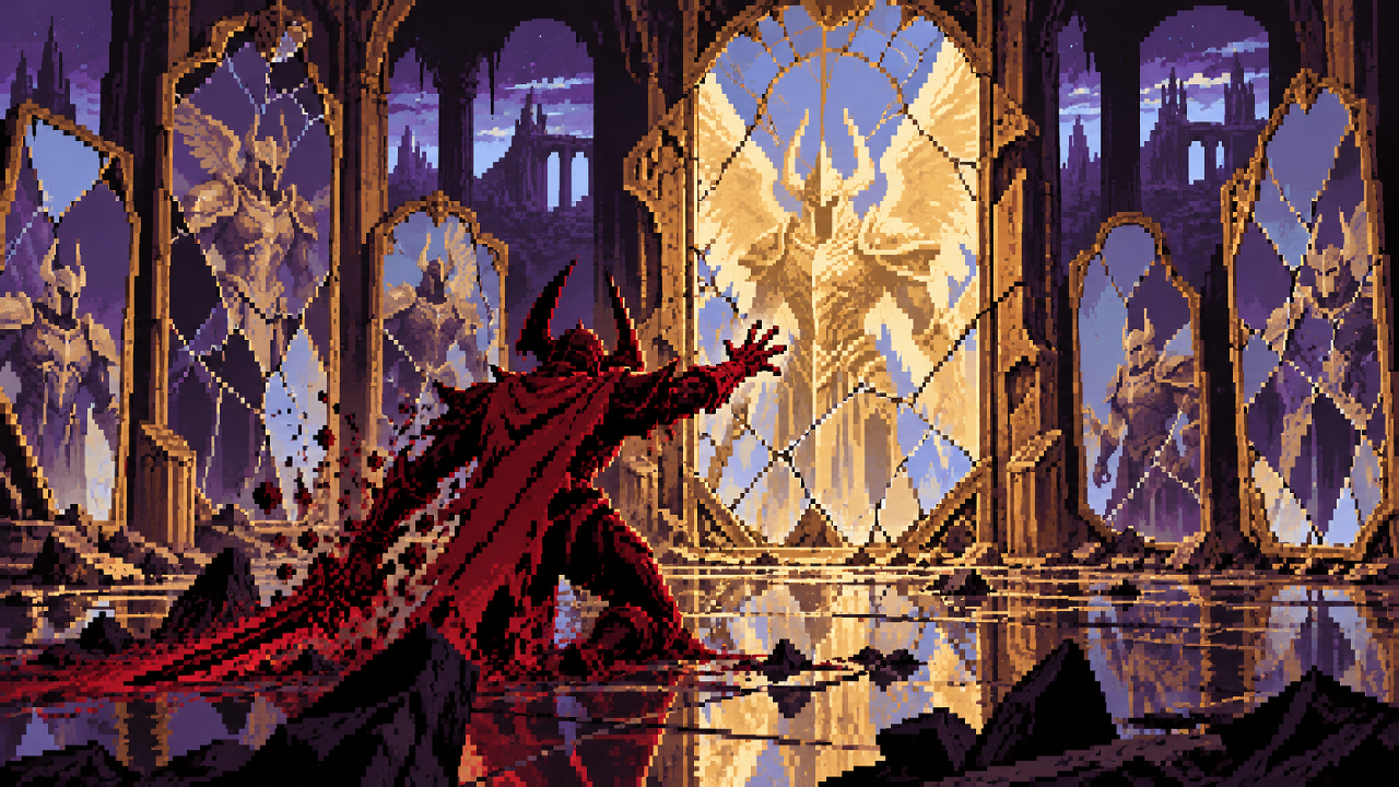 Aatrox diante do reflexo de sua antiga forma dourada em pixel art