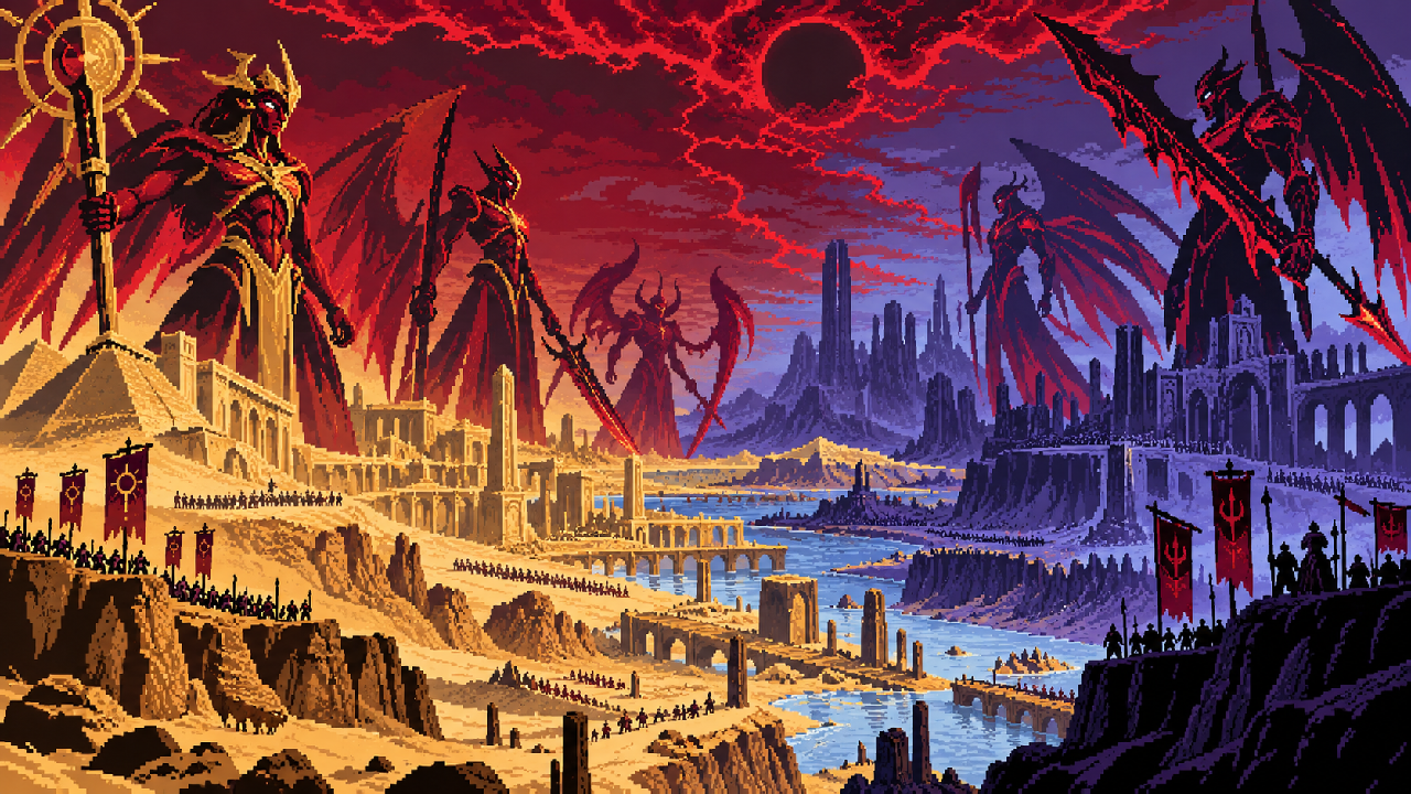 Grandes guerreiros Darkin dividindo um mundo em guerra em pixel art
