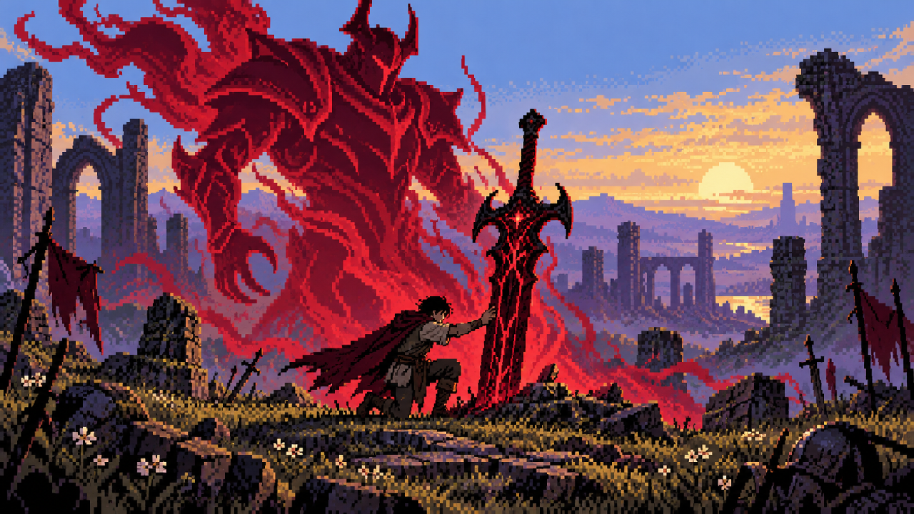 Viajante tocando a espada Darkin enquanto uma sombra surge em pixel art