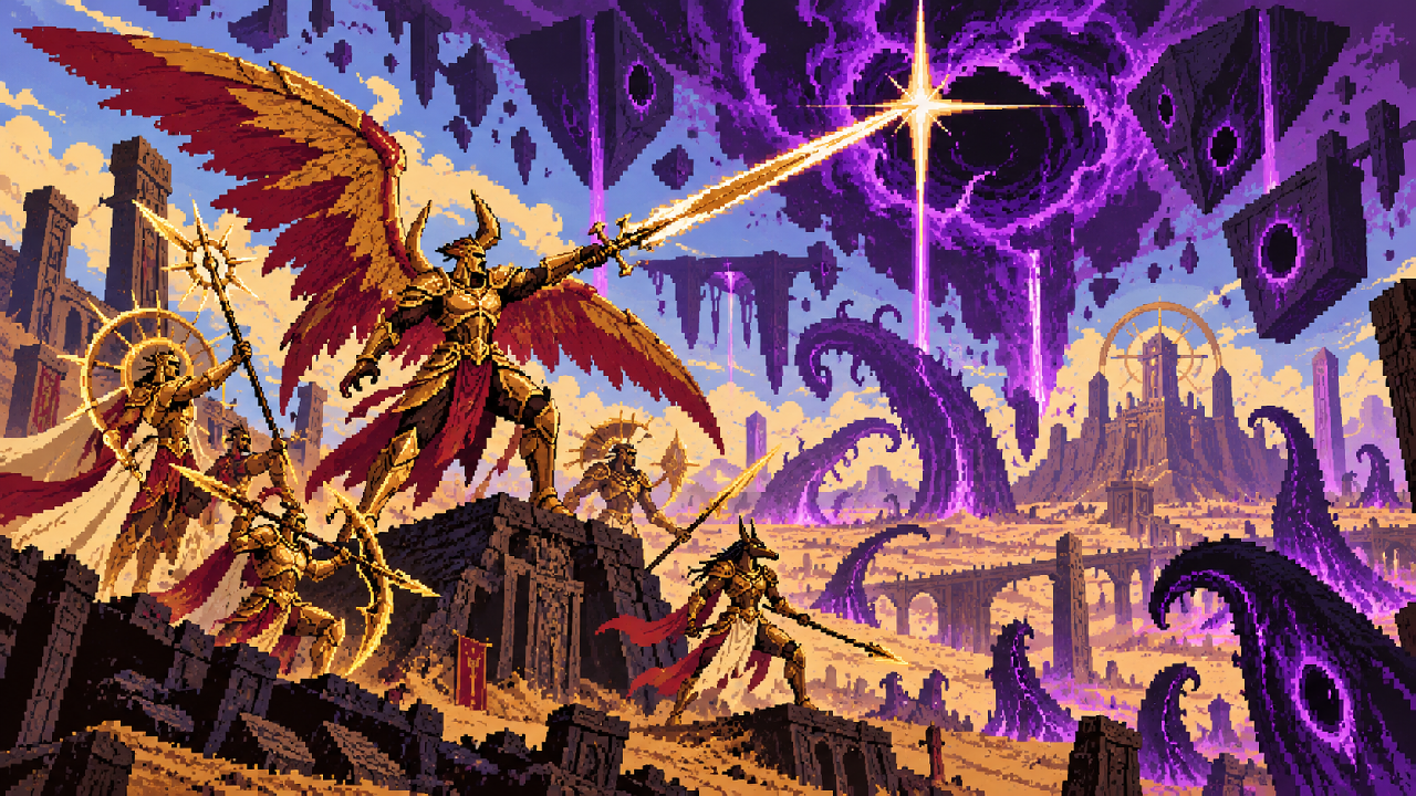 Aatrox liderando Ascendentes contra uma fenda do Vazio em pixel art