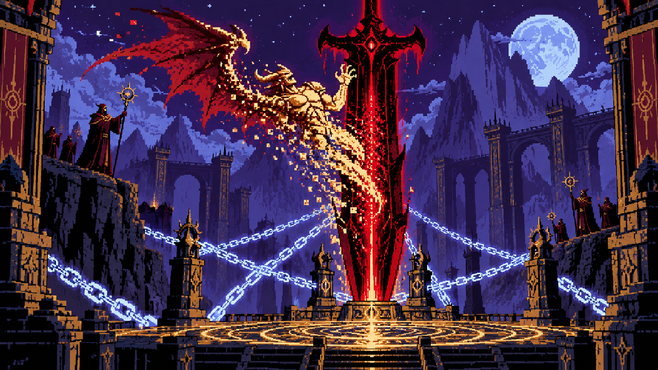 Aatrox sendo selado dentro de uma espada por magia celestial em pixel art