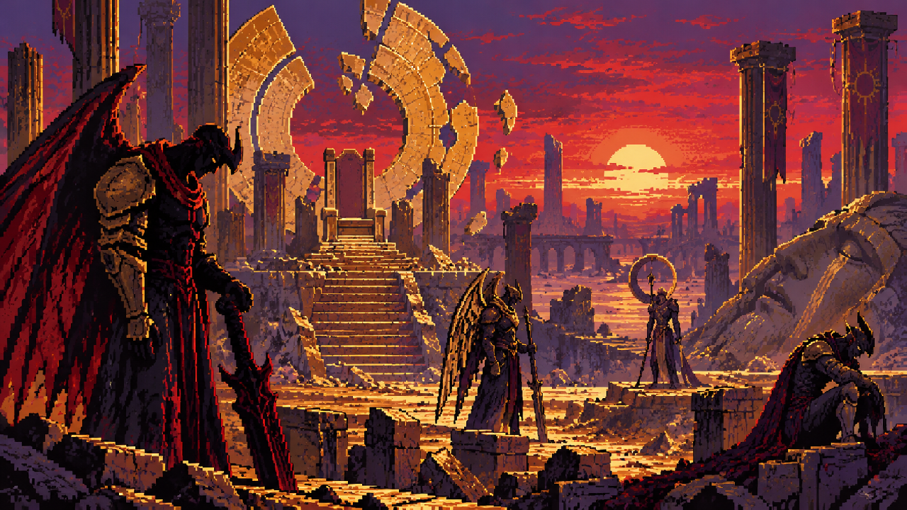Ascendentes traumatizados diante das ruínas de Shurima em pixel art