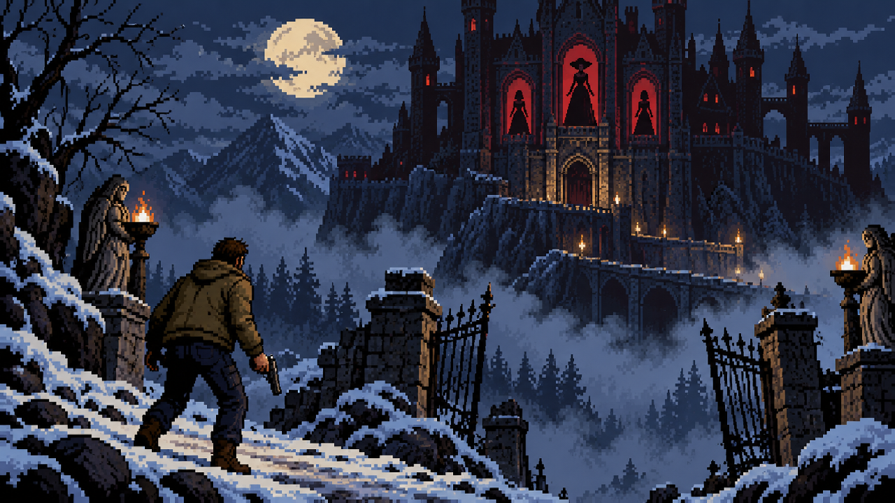 Alcina Dimitrescu enfrentando Karl Heisenberg em pixel art