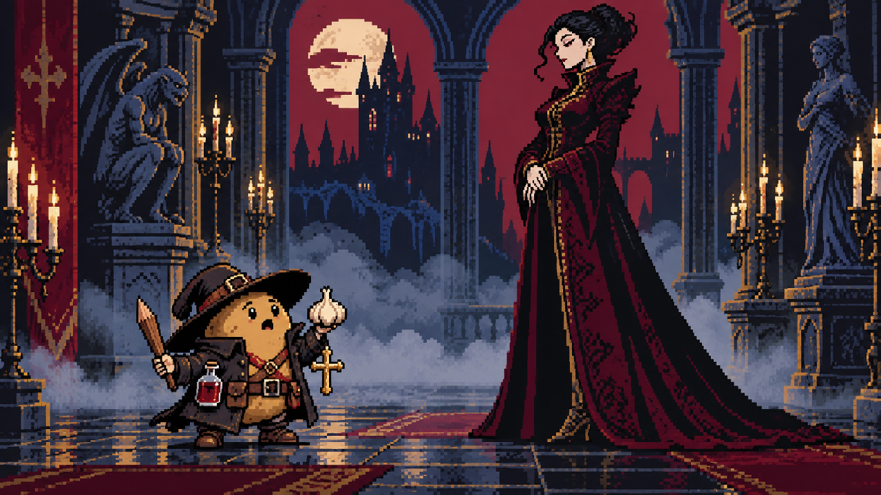 Batata como caçador de vampiros diante de Lady Dimitrescu em pixel art