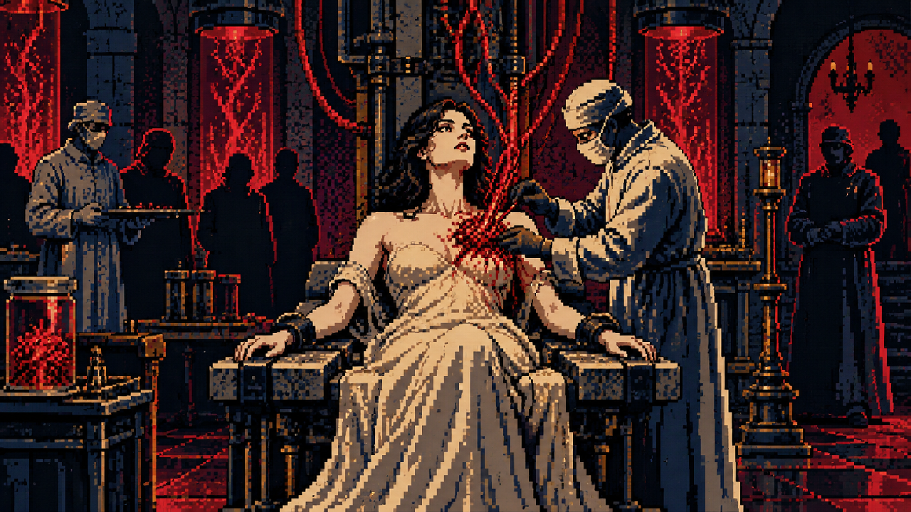 Alcina Dimitrescu como cobaia 181 em laboratório em pixel art