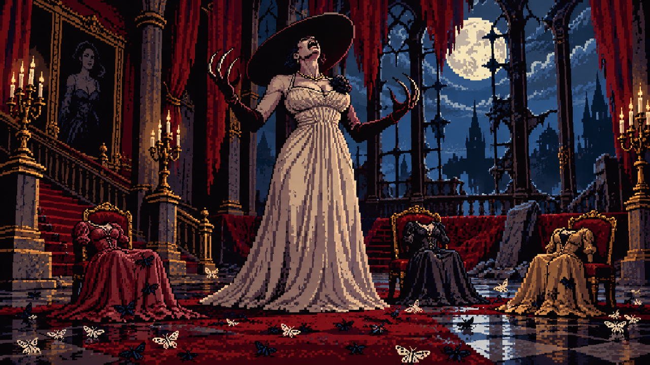 Ethan Winters diante do Castelo Dimitrescu em pixel art