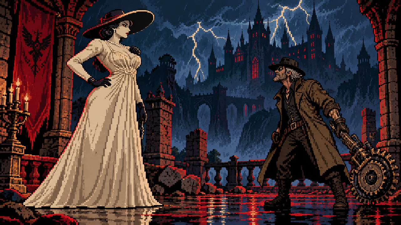 As três filhas de Dimitrescu se desfazendo em insetos em pixel art