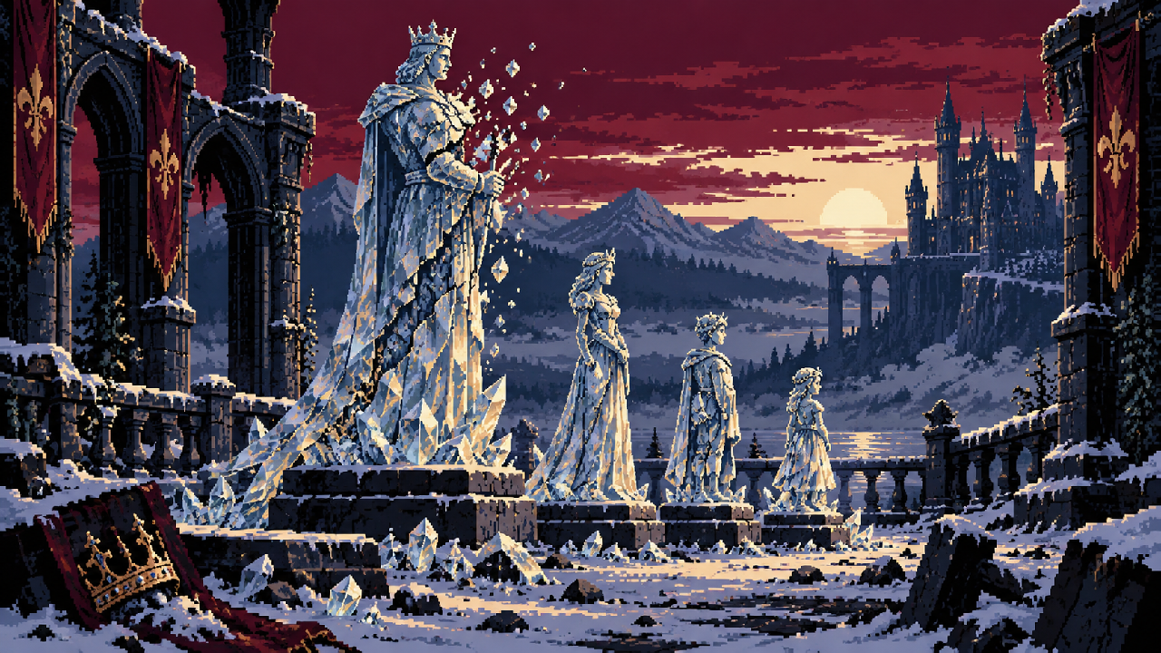 Ruínas cristalizadas da família Dimitrescu em pixel art