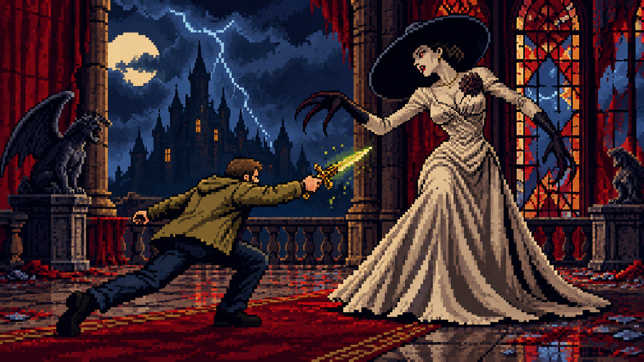Ethan descobrindo a fraqueza das filhas de Dimitrescu em pixel art