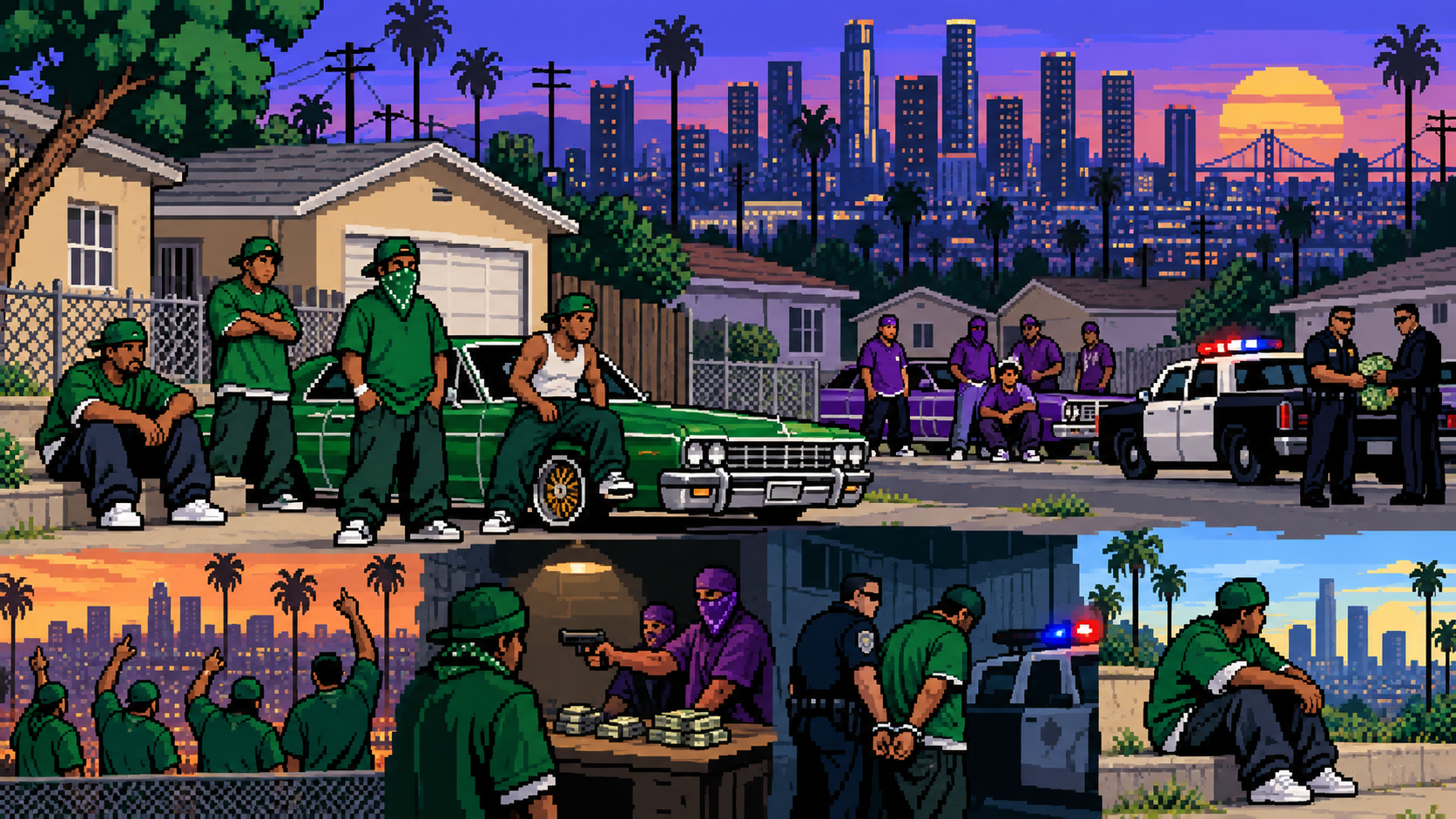 Grove Street Families reunida no bairro em pixel art