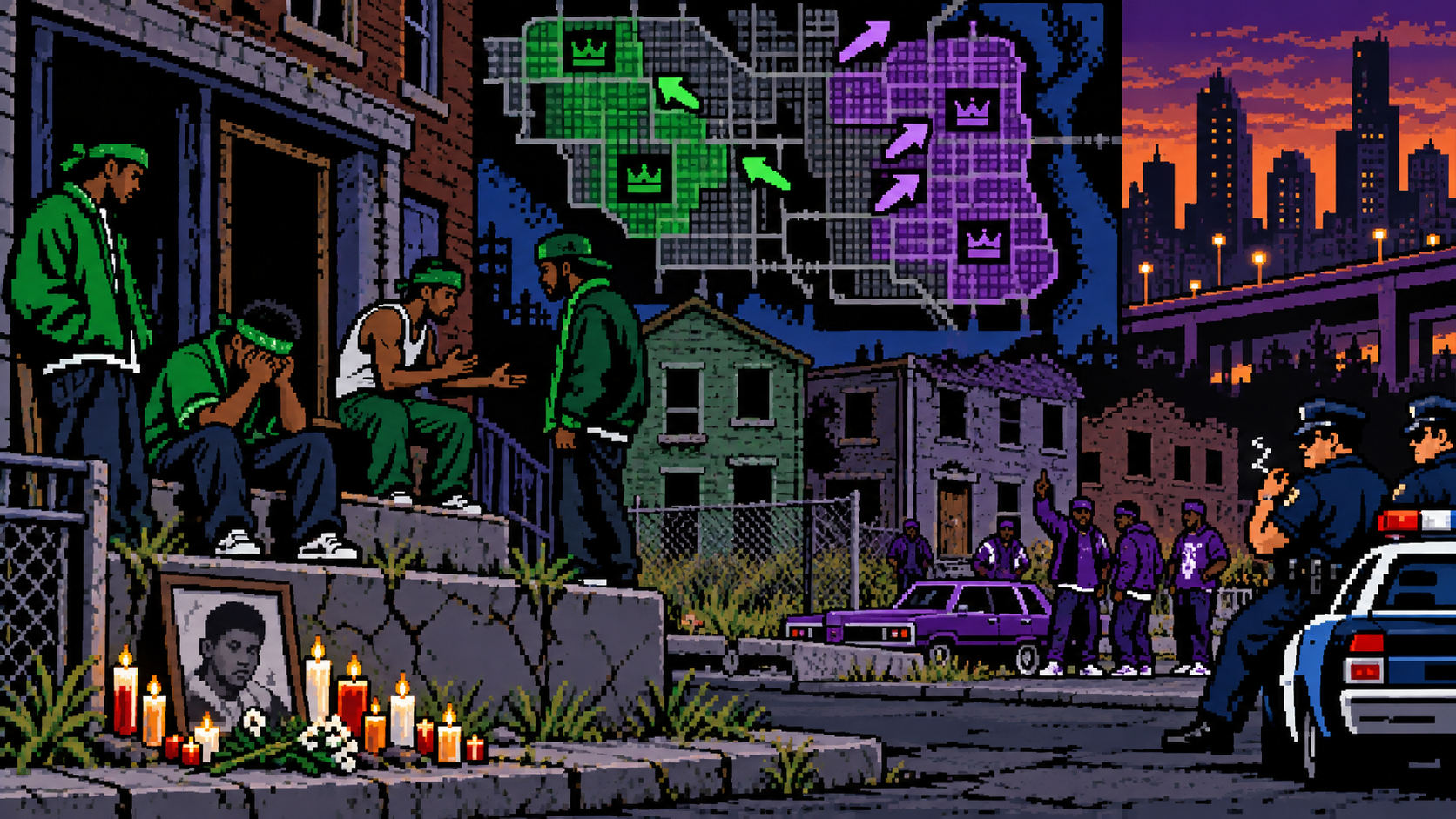 Declínio da Grove Street com crack e polícia corrupta em pixel art